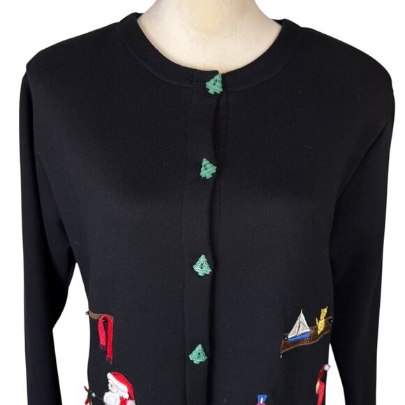 Karen Scott Black Christmas Embroidered and Embellished Button Up Cardigan - Picture 5 of 11